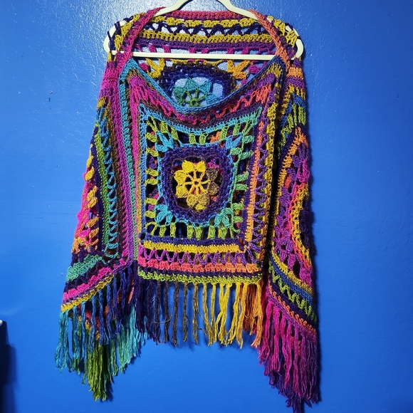 Handmade Granny Square Crochet Poncho Cardigan Sweater Black Rainbow Colorful - Picture 2 of 3